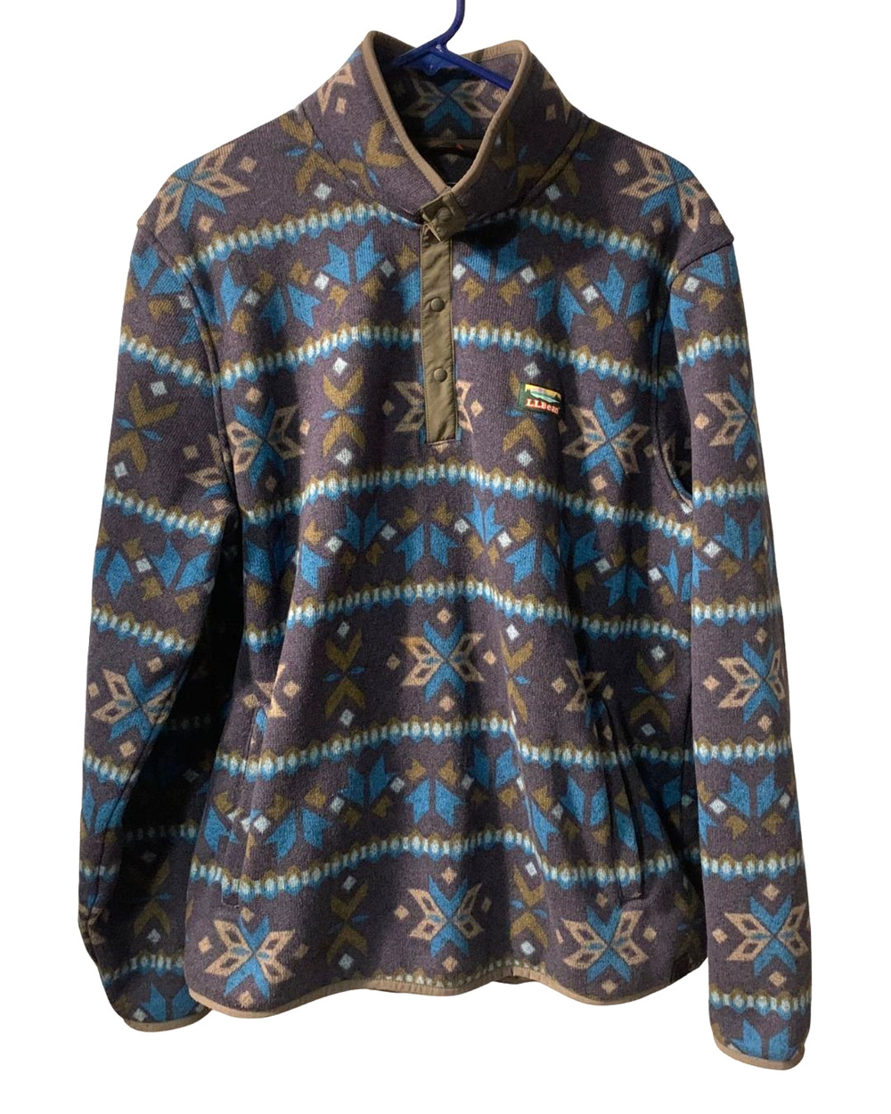 LL Bean Mens Fair Isle Sweater Fleece Pullover Size L Snowflakes Gray Gorpcore